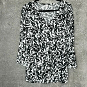 Arabella 3X Shirt Top Black Geometric Split Bell 3/4 Sleeve V Neck Stretch Women